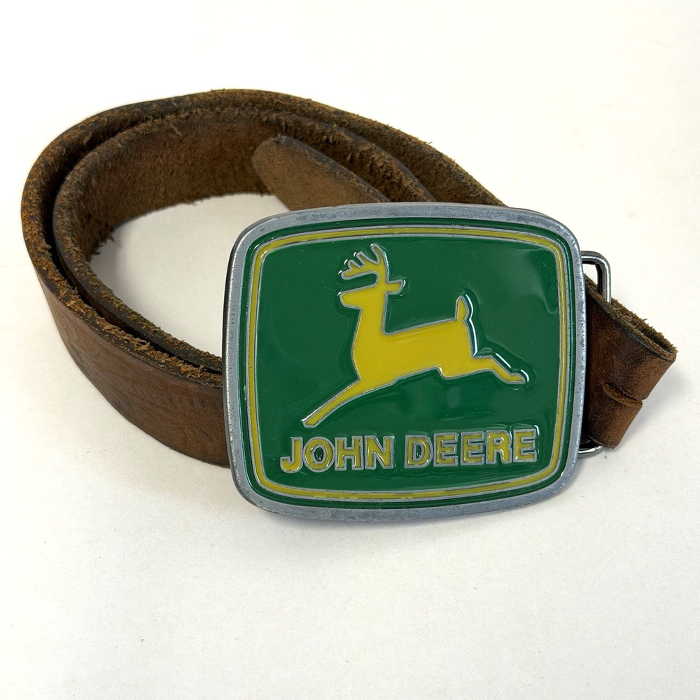 John Deere Belt Buckle and Justin Leather Belt Kids Sz 24 Farm Cowboy